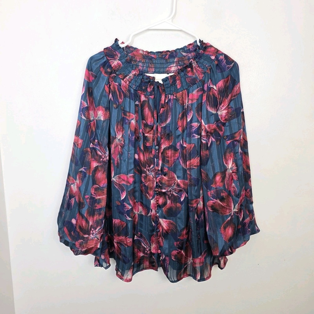 Zac & Rachel Blue Burgundy Floral Flowy Bubble Sleeve Feminine Blouse Size Large